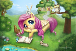 Size: 1024x683 | Tagged: safe, artist:stasushka, angel bunny, fluttershy, owlowiscious, bird, chipmunk, deer, owl, pegasus, pony, squirrel, g4, angelbetes, book, cute, female, flower, fluttershy's cottage, folded wings, lilypad, looking up, mare, open mouth, outdoors, pond, prone, scenery, shyabetes, sitting on head, smiling, tree, wings