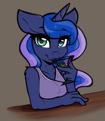 Size: 963x1115 | Tagged: safe, artist:arjinmoon, princess luna, alicorn, anthro, g4, alcohol, bust, cheek fluff, clothes, cocktail glass, dress, drink, drinking, explicit source, female, looking at you, mare, martini, olive, shoulder fluff, solo