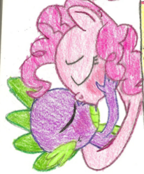 Size: 461x560 | Tagged: artist needed, safe, pinkie pie, spike, g4, dragon x pony, female, interspecies, kissing, male, ship:pinkiespike, shipping, straight, traditional art