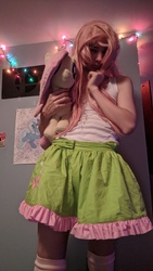 Size: 2688x1512 | Tagged: safe, artist:lilfluttertrap, fluttershy, human, g4, clothes, cosplay, costume, crossdressing, crossplay, irl, irl human, male, photo, plushie, skirt, tank top, trap