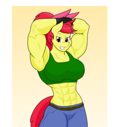 Size: 1440x1588 | Tagged: safe, artist:matchstickman, apple bloom, earth pony, anthro, matchstickman's apple brawn series, g4, abs, apple brawn, armpits, biceps, breasts, busty apple bloom, clothes, female, fingerless gloves, gloves, looking at you, muscles, older, older apple bloom, pants, simple background, solo, sports bra, triceps
