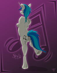 Size: 943x1200 | Tagged: safe, artist:sherwood, dj pon-3, vinyl scratch, unicorn, semi-anthro, g4, arm hooves, bipedal, eyes closed, female, human shoulders, smiling, solo, standing