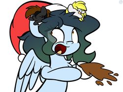 Size: 1920x1440 | Tagged: dead source, safe, artist:php142, oc, pegasus, pony, chibi, christmas, coffee, eye clipping through hair, female, hat, holiday, male, santa hat, simple background, spilled drink, white background