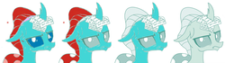 Size: 1280x359 | Tagged: safe, artist:gooeybird, artist:sintakhra, color edit, edit, edited screencap, ocellus, g4, blue changeling, blue eyes, colored, comparison, cropped, finished version, four of a kind, looking at you, multiple edits, multiple heads, ocellus is not amused, photo, post-it, red hair, side by side, unamused