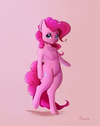 Size: 2657x3363 | Tagged: safe, artist:miokomata, pinkie pie, earth pony, semi-anthro, g4, arm hooves, belly button, chest fluff, female, high res, mare, simple background, solo