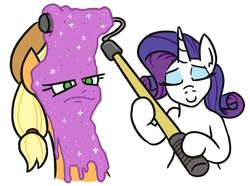 Size: 926x690 | Tagged: safe, artist:jargon scott, applejack, rarity, pony, g4, applejack is not amused, duo, eyes closed, glitter, hoof hold, paint, paint roller, simple background, sparkles, unamused, white background