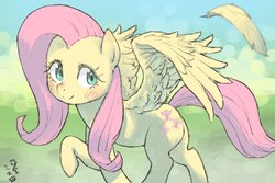 Size: 1800x1200 | Tagged: safe, artist:yanamosuda, fluttershy, pegasus, pony, g4, blushing, cute, feather, female, looking at you, mare, raised hoof, shyabetes, smiling, solo, spread wings, turned head, wings