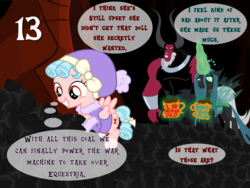 Size: 1024x768 | Tagged: safe, artist:bronybyexception, cozy glow, lord tirek, queen chrysalis, centaur, changeling, changeling queen, pegasus, pony, g4, 13, advent calendar, christmas, clothes, coal, cozybetes, cute, female, glowing horn, happy, holiday, horn, magic, mug, telekinesis