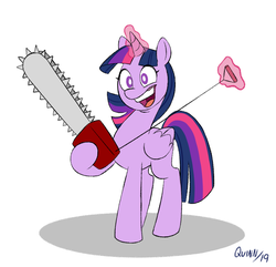 Size: 1429x1379 | Tagged: safe, artist:quinntonic, twilight sparkle, alicorn, pony, g4, chainsaw, crazy face, faic, female, glowing horn, horn, magic, signature, simple background, solo, telekinesis, this will end in death, this will end in tears, this will end in tears and/or death, twilight sparkle (alicorn)