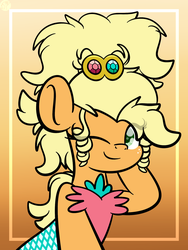 Size: 1536x2048 | Tagged: dead source, safe, artist:php142, applejack, earth pony, pony, g4, alternate hairstyle, applejewel, clothes, cute, dress, female, jackabetes, one eye closed, orange background, pose, simple background, smiling, solo, wink