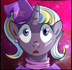 Size: 558x543 | Tagged: safe, artist:candyclumsy, oc, oc:strict talent, earth pony, pony, unicorn, comic:mlp: education reform, clothes, commissioner:bigonionbean, cropped, ear piercing, earring, female, fusion, fusion:ms. harshwhinny, fusion:trixie, hat, i can't believe it's not idw, jewelry, mare, merge, piercing, profile picture, shocked expression, trixie's hat