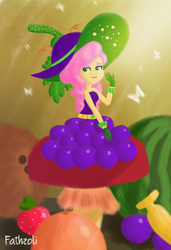 Size: 1763x2576 | Tagged: safe, artist:fathzoli, fluttershy, butterfly, equestria girls, equestria girls series, g4, holidays unwrapped, spoiler:eqg series (season 2), amanita, banana, clothes, coconut, cornucopia costumes, cute, digital art, digital painting, dress, female, food, fruit, grapes, hat, lineless, looking at you, orange, shyabetes, sitting, solo, strawberry, watermelon