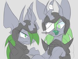 Size: 1600x1200 | Tagged: safe, artist:k_clematis, oc, oc only, oc:clematis, changeling queen, pony, armor, bandage, changeling queen oc, duo, green changeling, hair over one eye, helmet, smiling