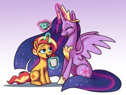 Size: 2048x1559 | Tagged: safe, artist:ohjeetorig, sunset shimmer, twilight sparkle, alicorn, pony, unicorn, g4, the last problem, cup, duo, eyes closed, female, gradient background, magic, mare, mug, official fan art, older, older sunset, older twilight, older twilight sparkle (alicorn), princess twilight 2.0, teacup, telekinesis, twilight sparkle (alicorn)