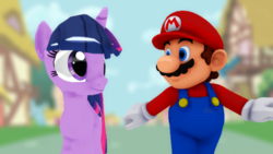 Size: 640x360 | Tagged: safe, artist:hugosanchez2000, twilight sparkle, alicorn, human, pony, g4, 3d, barely pony related, crossover, male, mario, mmd, ponyville, super mario bros., twilight sparkle (alicorn), walking