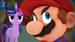 Size: 640x360 | Tagged: safe, artist:hugosanchez2000, twilight sparkle, alicorn, human, pony, g4, 3d, barely pony related, golden oaks library, looking up, male, mario, mmd, nintendo, ponyville, super mario bros., twilight sparkle (alicorn)