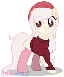 Size: 1489x1808 | Tagged: safe, artist:amgiwolf, oc, oc only, oc:lizzy, earth pony, pony, beanie, clothes, earth pony oc, female, hat, mare, raised hoof, simple background, solo, sweater, transparent background