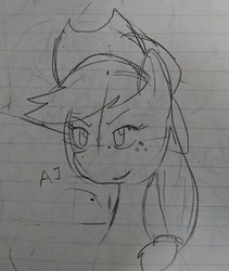Size: 1080x1277 | Tagged: safe, artist:omegapony16, applejack, earth pony, pony, g4, bust, female, freckles, hat, lineart, lined paper, mare, smiling, smirk, solo, text, traditional art