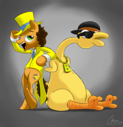 Size: 3563x3679 | Tagged: safe, artist:oinktweetstudios, boneless, cheese sandwich, pony, g4, the last laugh, clothes, gold chain, hat, high res, suit, sunglasses, top hat
