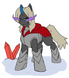 Size: 1821x2048 | Tagged: safe, artist:omegapony16, oc, oc only, oc:oriponi, pony, unicorn, armor, cloak, clothes, crystal, hoof shoes, horn, male, simple background, solo, sombra eyes, stallion, unicorn oc, white background