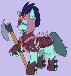 Size: 1907x2048 | Tagged: safe, artist:omegapony16, oc, oc only, oc:oriponi, earth pony, pony, alternate timeline, armor, axe, battle axe, crystal war timeline, female, helmet, hoof hold, mare, mind control, raised hoof, simple background, solo, sombra eyes, sombra soldier, weapon
