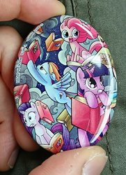 Size: 673x928 | Tagged: safe, artist:omegapony16, pinkie pie, rainbow dash, rarity, twilight sparkle, earth pony, pegasus, pony, unicorn, g4, badge, book, con badge, female, flowing mane, flying, mare, open mouth, photo, smiling
