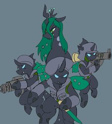 Size: 1850x2048 | Tagged: safe, alternate version, artist:omegapony16, queen chrysalis, oc, changeling, changeling queen, g4, armor, changeling oc, changelings in the comments, clothes, female, gray background, green changeling, gun, hat, hoof hold, rocket launcher, simple background, smiling, smirk, soldier, turban, vest, weapon