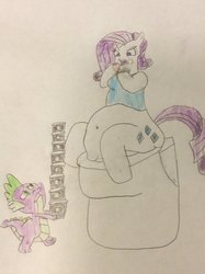 Size: 772x1034 | Tagged: safe, artist:snipiper, rarity, spike, pony, g4, but why, food, ice cream, implied pooping, sitting on toilet, story included, stuck, toilet, traditional art