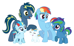 Size: 5141x3189 | Tagged: safe, artist:aleximusprime, rainbow dash, oc, oc:lightning flash, oc:misty blitz, oc:storm streak, oc:thunderhead, pegasus, pony, g4, alternate hairstyle, canon x oc, colt, family, female, filly, male, offspring, older, older rainbow dash, parent:oc:thunderhead, parent:rainbow dash, parents:canon x oc, shipping, simple background, stallion, straight, transparent background