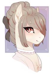 Size: 773x1034 | Tagged: safe, artist:trashscoot, oc, oc only, oc:rosemarie, pony, abstract background, blushing, bow, bust, chest fluff, classy, clothes, collar, commission, ear fluff, eye clipping through hair, female, freckles, hair bow, hair bun, looking at you, mare, smiling, solo