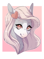 Size: 779x1025 | Tagged: safe, artist:trashscoot, oc, oc only, oc:serendipity, pony, abstract background, bust, chest fluff, coat markings, commission, female, heart, looking at you, mare, smiling, solo, starry eyes, wingding eyes