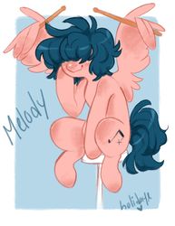 Size: 1280x1657 | Tagged: safe, artist:holidaye, oc, oc only, oc:melody tempo, pegasus, pony, drumsticks, female, magical lesbian spawn, mare, offspring, parent:octavia melody, parent:vinyl scratch, parents:scratchtavia, solo, wing hands, wings
