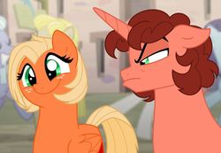 Size: 1024x707 | Tagged: safe, artist:faith-wolff, edit, edited screencap, screencap, oc, oc:applebee, oc:strawberry marscapone sandwich, pony, unicorn, g4, the cutie map, duo focus, faithverse, female, floppy ears, flutterbob, freckles, glare, like mother like daughter, like parent like child, male, mare, offspring, our town, parent:big macintosh, parent:cheese sandwich, parent:fluttershy, parent:pinkie pie, parents:cheesepie, parents:fluttermac, reference used, smiling, stallion