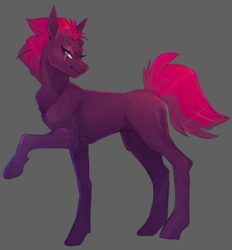 Size: 1300x1400 | Tagged: safe, artist:trashscoot, edit, tempest shadow, pony, unicorn, g4, broken horn, cropped, eye scar, female, gray background, horn, lidded eyes, mare, missing accessory, missing cutie mark, raised hoof, scar, simple background, solo, wavy mouth