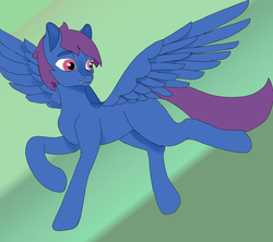 Size: 1800x1600 | Tagged: safe, artist:inanimatelotus, oc, oc only, oc:fuzzy fabricator, pegasus, pony, flying, gradient background, green background, happy, simple background, solo, wings