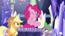 Size: 1920x1080 | Tagged: safe, screencap, applejack, pinkie pie, spike, dragon, g4, the last laugh, cutie map, winged spike, wings