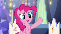 Size: 1920x1080 | Tagged: safe, screencap, pinkie pie, earth pony, pony, g4, the last laugh, female, mare, open mouth, raised hoof, smiling, solo, underhoof