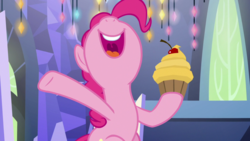 Size: 1920x1080 | Tagged: safe, screencap, pinkie pie, earth pony, pony, g4, the last laugh, cupcake, female, food, mare, mawshot, nose in the air, open mouth, solo, uvula, volumetric mouth