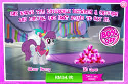 Size: 1036x684 | Tagged: safe, gameloft, silver berry, earth pony, pony, g4, advertisement, costs real money, female, gem, introduction card, mare, sale