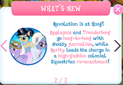 Size: 722x500 | Tagged: safe, gameloft, indigo wax, nosey news, quill (character), scoop (g4), pony, g4, female, implied applejack, implied rarity, implied trenderhoof, limited-time story, male, mare, stallion