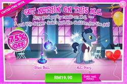 Size: 1034x684 | Tagged: safe, gameloft, waxton, earth pony, pony, g4, my little pony: magic princess, advertisement, costs real money, disco ball, introduction card, male, sale, stallion
