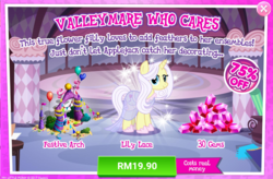 Size: 1040x682 | Tagged: safe, gameloft, lily lace, pony, unicorn, g4, advertisement, costs real money, female, festive arch, gem, introduction card, mare, sale