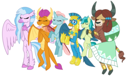 Size: 1156x691 | Tagged: safe, artist:alexeigribanov, gallus, ocellus, sandbar, silverstream, smolder, yona, changedling, changeling, classical hippogriff, dragon, earth pony, griffon, hippogriff, pony, yak, g4, the last problem, armor, bow, cloven hooves, colored hooves, dragoness, female, hair bow, helmet, jewelry, male, monkey swings, necklace, older, older gallus, older ocellus, older sandbar, older silverstream, older smolder, older student six, older yona, royal guard gallus, simple background, stallion, student six, transparent background
