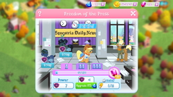 Size: 1920x1080 | Tagged: safe, gameloft, applejack, nosey news, quill (character), scoop (g4), trenderhoof, earth pony, pegasus, pony, unicorn, g4, game screencap, limited-time story
