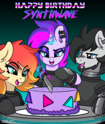 Size: 3407x4000 | Tagged: safe, artist:ciderpunk, oc, oc:blackout, oc:sunset neon, oc:synthwave, pony, unicorn, 80s, cake, clothes, cyberpunk, ear piercing, earring, food, glowstick, happy birthday, jewelry, looking at you, memphis-milano, piercing, punk, retro, retrofuturism, retrowave, synthwave