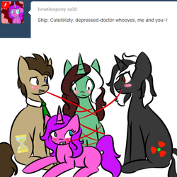 Size: 512x512 | Tagged: safe, artist:kaggy009, doctor whooves, time turner, oc, oc:peppermint pattie (unicorn), pony, unicorn, ask peppermint pattie, g4, female, male, mare, mouth hold, ribbon, stallion