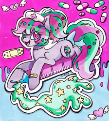 Size: 1461x1634 | Tagged: safe, artist:imaranx, oc, oc only, oc:toxicpills, earth pony, pony, bandaid, cute, happy, hat, marker drawing, menhera, nurse hat, pills, solo, stiched, stitched body, stitches, syringe, traditional art