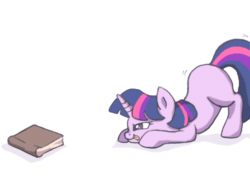 Size: 584x431 | Tagged: safe, artist:buttersprinkle, twilight sparkle, pony, unicorn, animated, behaving like a cat, book, cute, female, filly, filly twilight sparkle, gif, hunting, imminent pounce, that pony sure does love books, tongue out, twiabetes, twilight cat, unicorn twilight, younger