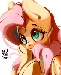 Size: 866x1069 | Tagged: safe, artist:tohupo, fluttershy, pegasus, pony, blushing, bust, cute, female, hoof on cheek, hooves to the chest, looking up, mare, portrait, shyabetes, simple background, smiling, solo, three quarter view, white background