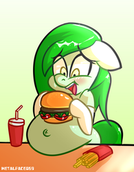 Size: 2340x3000 | Tagged: safe, artist:metalface069, oc, oc only, oc:salad dressing, earth pony, pony, belly, belly button, big belly, burger, fat, female, food, gut rest, hamburger, high res, meat, ponies eating meat, ych result